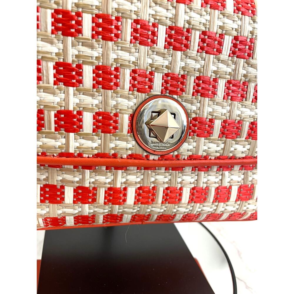 Kate Spade Small Flap Natalie Straw Leather Coral Shoulder Crossbody NWOT - Picture 4 of 10